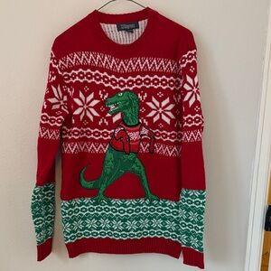 Christmas Dinosaur Fair Isle Knit Sweater Unisex Small Red Green